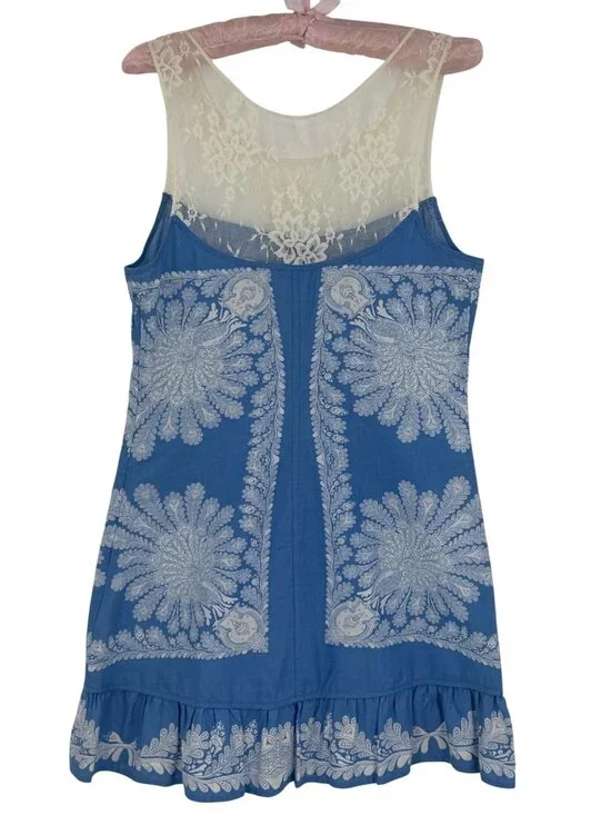 VTG Free People Crystallized Linen Crochet Lace Yoke Paisley Mini Shift Dress 10 - Picture 16 of 16